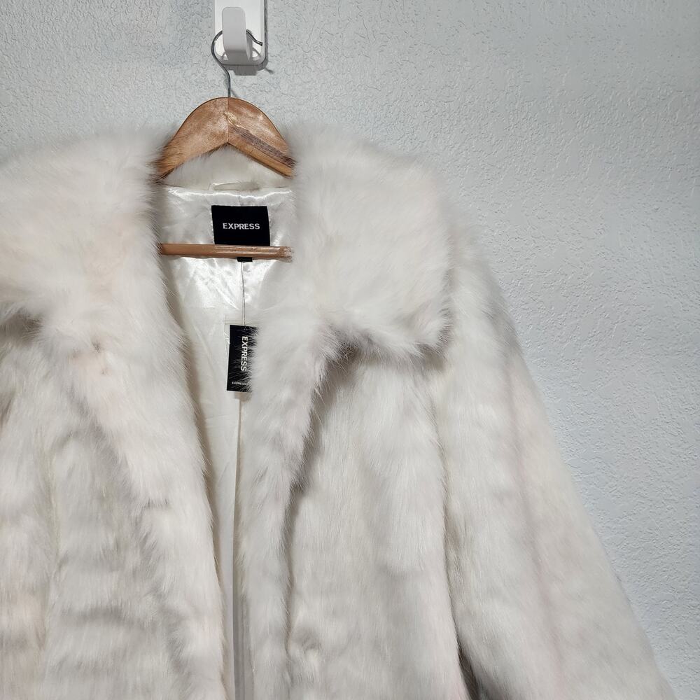 Express Women White Faux Fur Coat Jacket Open Front Large NTW Glam - Picture 5 of 10